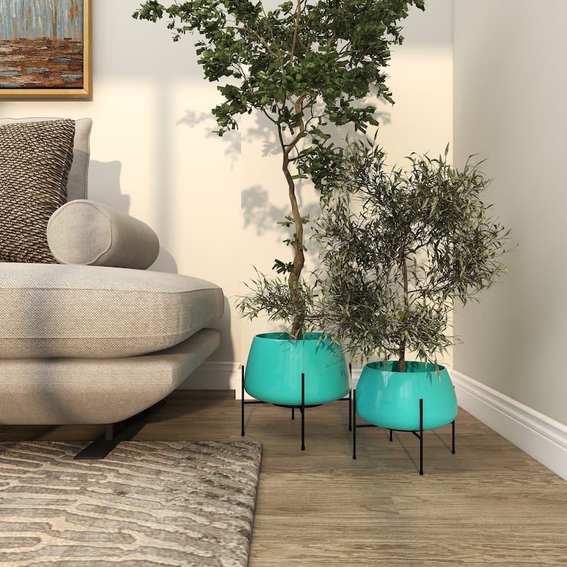 Metal Rounded Dome Indoor Outdoor Planter with Removable Stands - Set of 2 Teal, Yellow, Orange - Roche River Decor