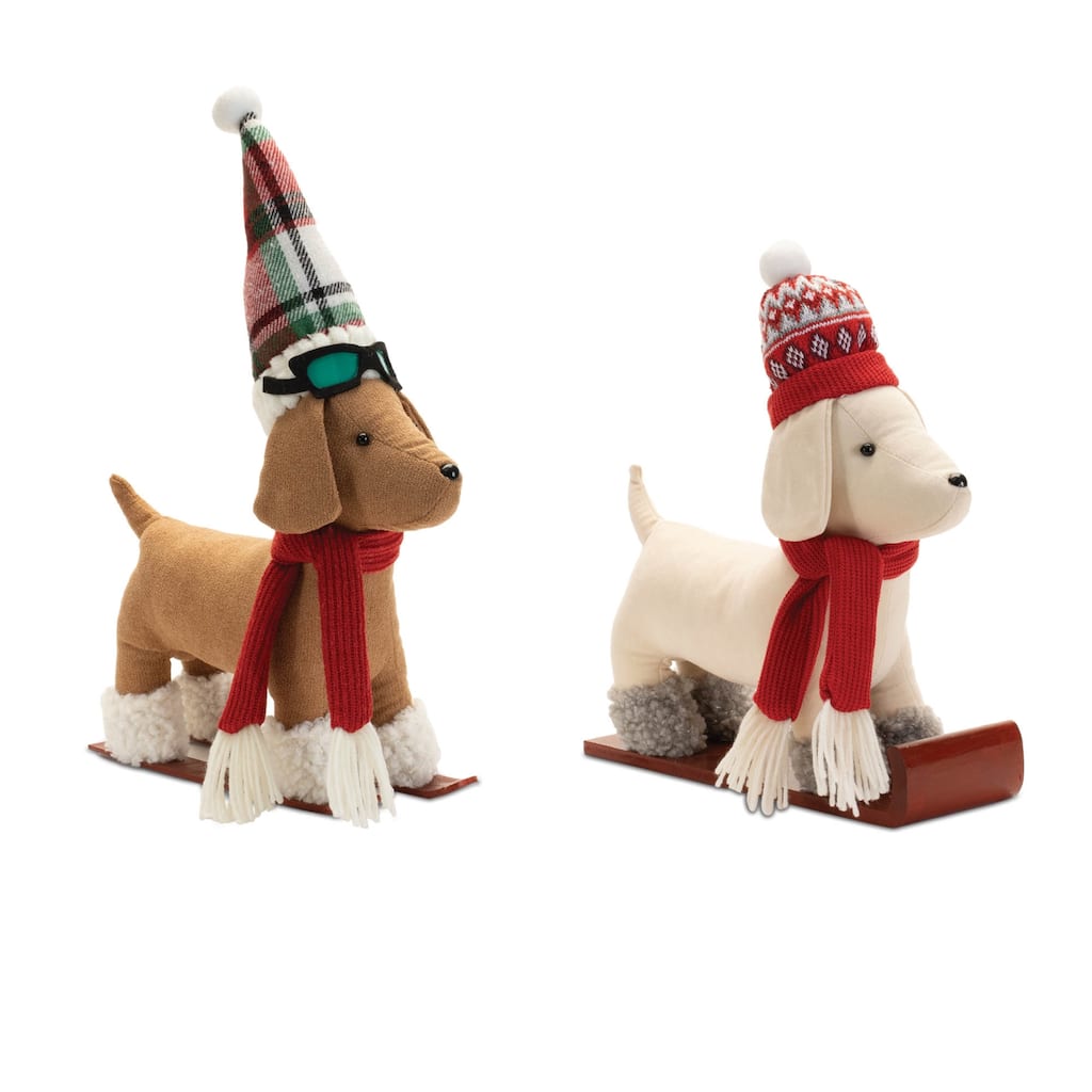 Plush Dog Character on Sled and Skis (Set of 2) - N/A