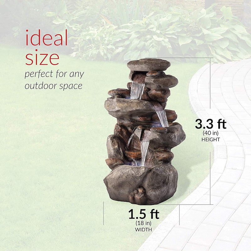 Alpine Corporation 40" Light Gray Outdoor 4 Tier Rock Water Fountain with LED Lights
