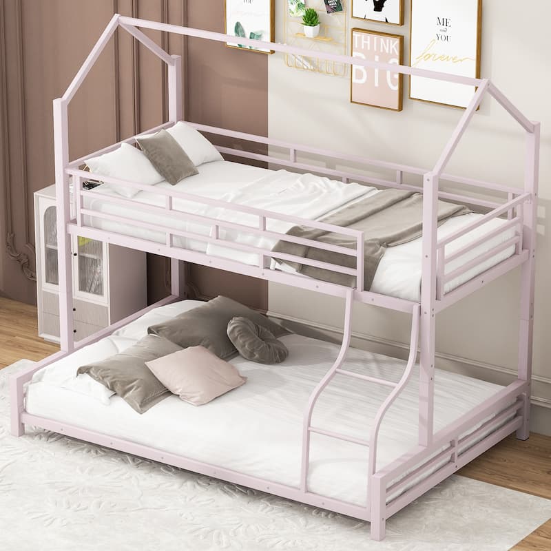 Metal House Bunk Bed with Roof, Twin over Full Size Detachable Bunk Bed Frame, Heavy Duty Metal Bed Frame with Ladder