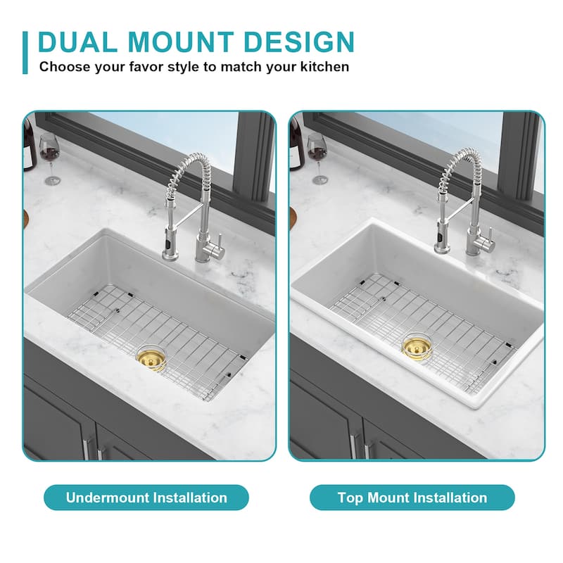 32x19x10 Undermount Single Bowl Fireclay Kitchen Sink Dual Mount White Porcelain Rectangular Deep Single Bowl Sink Basin