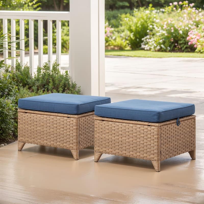 Outdoor Patio Ottoman for Swivel Chairs - Yellow Wicker Blue Cushion - 2 Pieces Ottoman