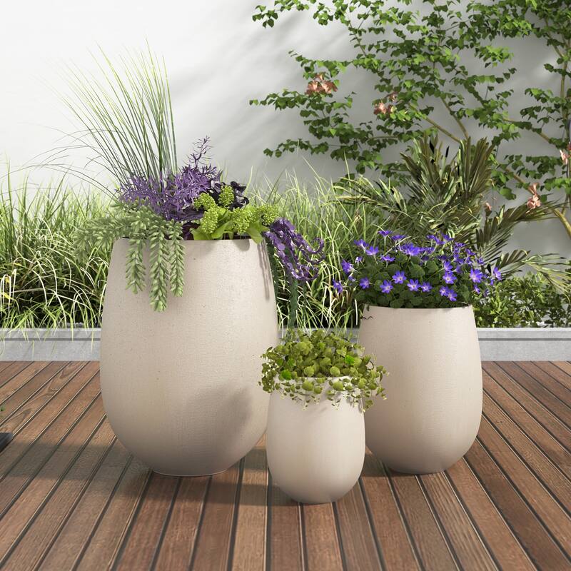 Lightweight Round MGO Outdoor Planter Set-3 Sizes (15.6"/10.74"/7.3"),Large Outdoor Indoor Flower Pots with Drainage Hole - Light beige