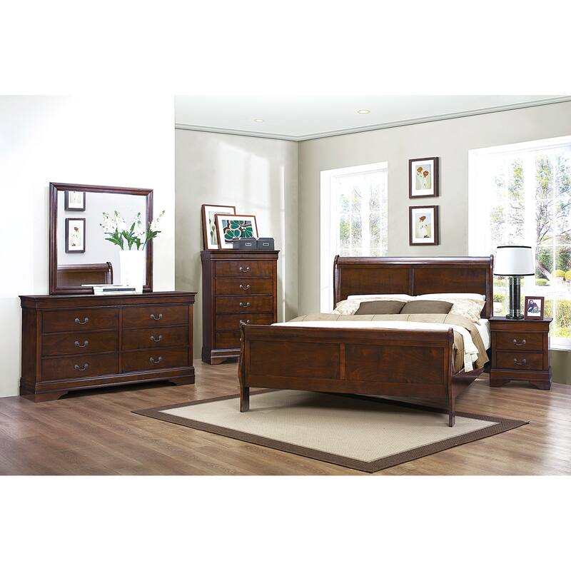 Traditional Queen Size Sleigh Bed in Brown Cherry Finish