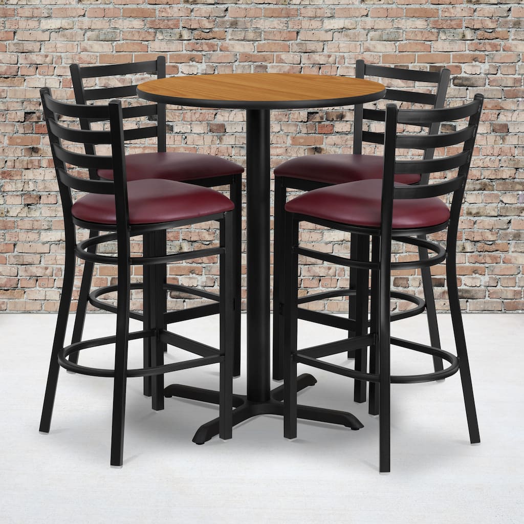 30'' Round Laminate Table Set with X-Base and 4 Ladder Back Metal Barstools