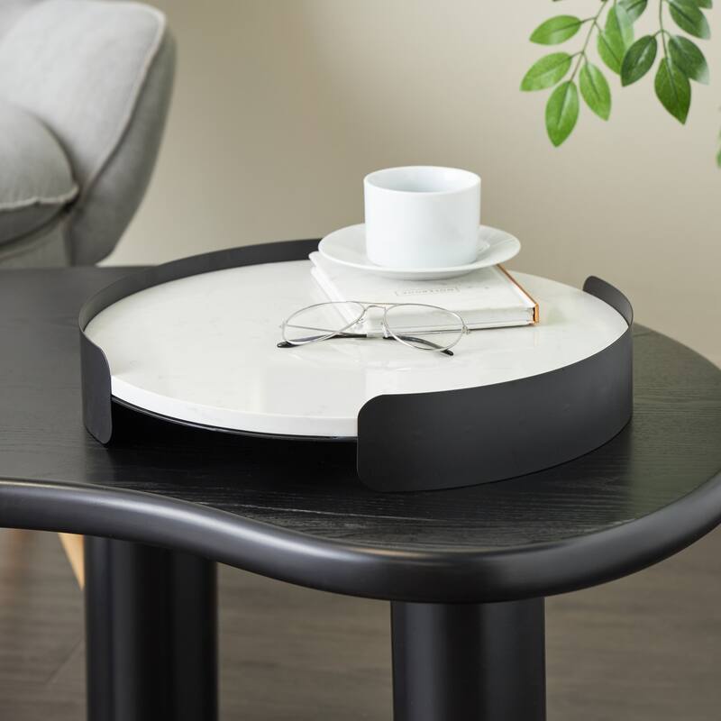 Marble Round Tray with Black Metal Frame - White - Roche River Decor