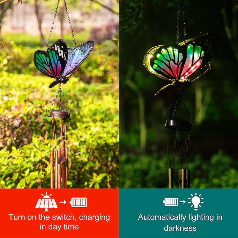 Adeco Solar Wind Chimes for Outside Metal Butterfly LED Hanging Solar Lights