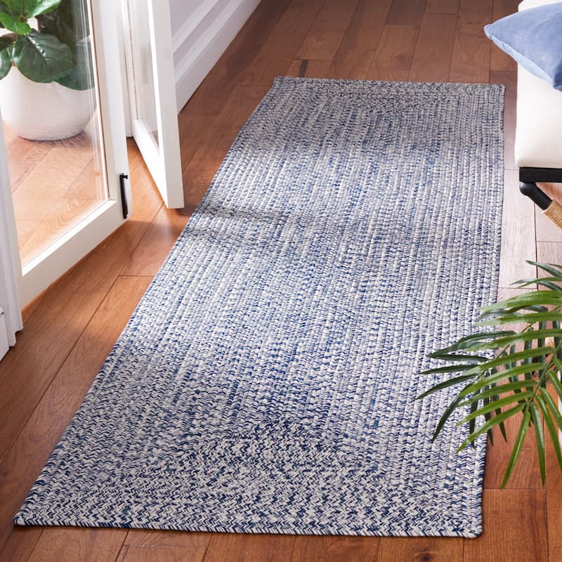 SAFAVIEH Handmade Braided Anthi Casual Rug - 2'3" x 14' Runner - Dark Blue/Ivory