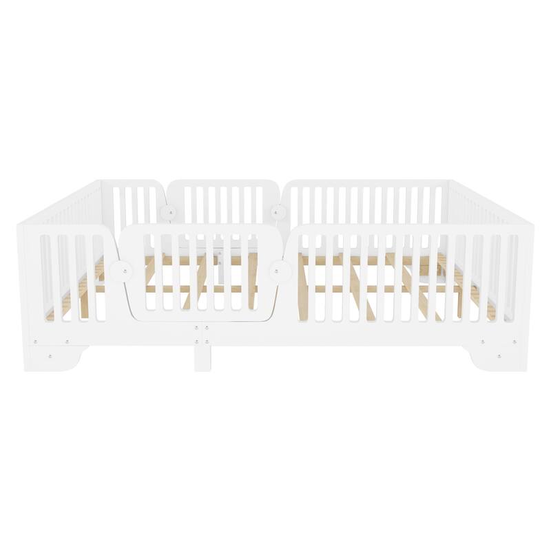Montessori Floor Bed with Detachable Door, No Box Spring Needed, Kids Platform Bed with Slats and Fence