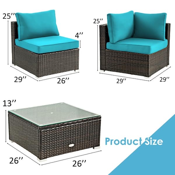 dimension image slide 4 of 5, Costway 5PCS Patio Rattan Furniture Set Cushioned Sofa & Chair Coffee