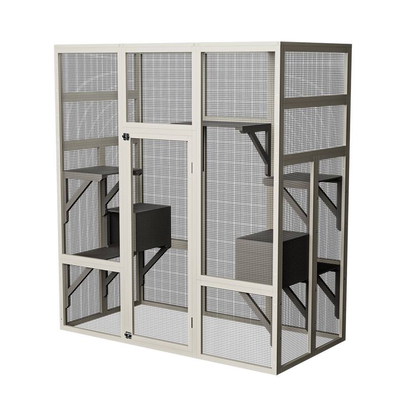 Large Gray Wooden Catio - Outdoor Cat Enclosure with 5 Platforms, 2 Resting Boxes & UV/Waterproof