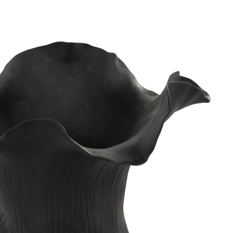 Ceramic Abstract Floral Inspired Vase with Wavy Folded Rim and Linear Grooves - White or Black - Roche River Decor