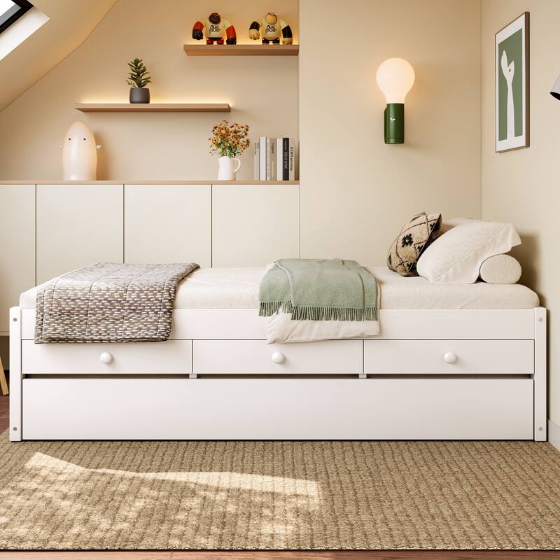Platform Bed with Pull-out Trundle and Dual Storage Drawers, Built-in Power Strip, Wooden Bed Frame, No Box Spring Needed