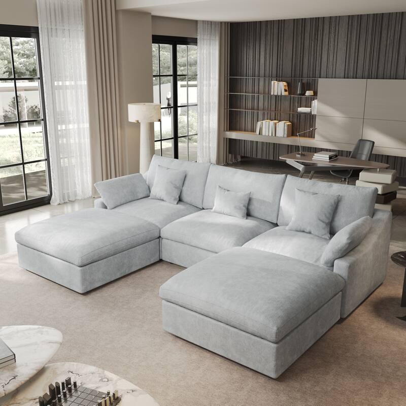 Classic Modern Linen Sectional Modular Sofa 3-Seater with 2 Ottomans, U-shaped Down Filled Cloud Couch with Cushions - Grey