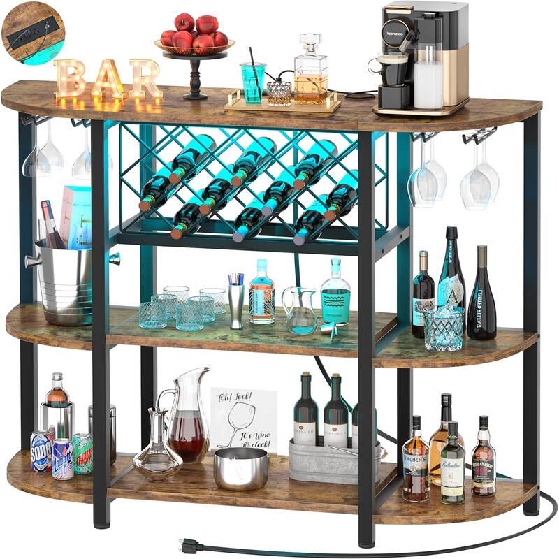 4-Tier Wine Bar Cabinet with Outlet and LED Light,Freestanding Bar Table with Glass Holder and Wine Storage - Rustic Brown