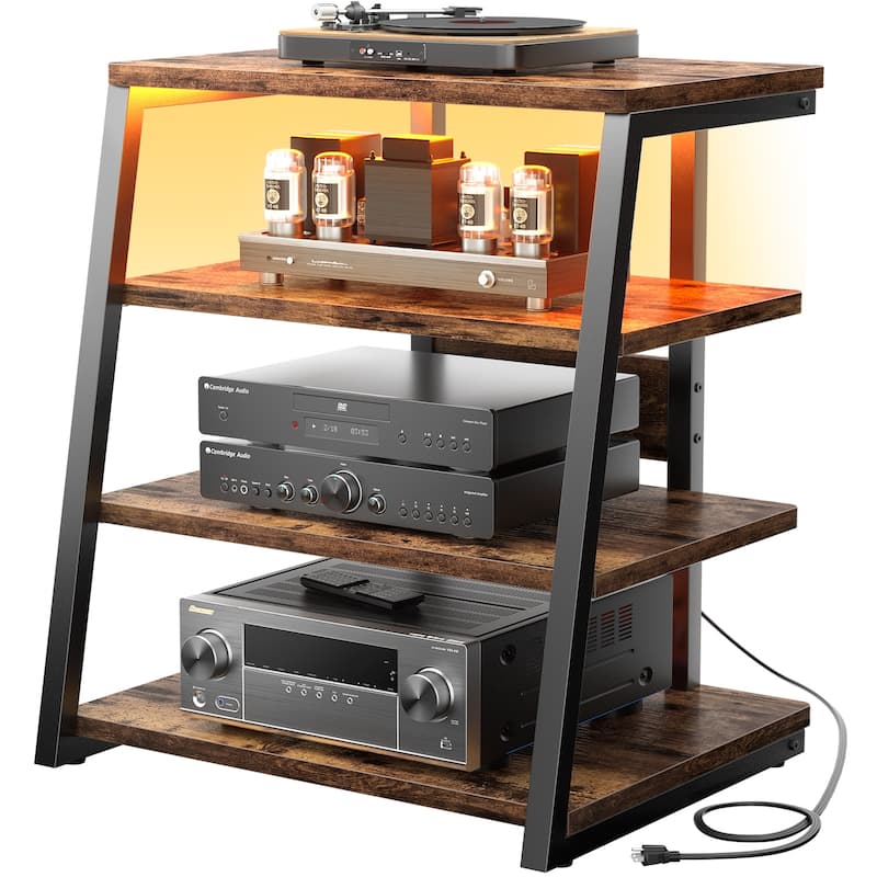 4-Tier Wooden AV Component Media Stand Stereo Cabinet with Power Outlets and LED Lights - Rustic Brown