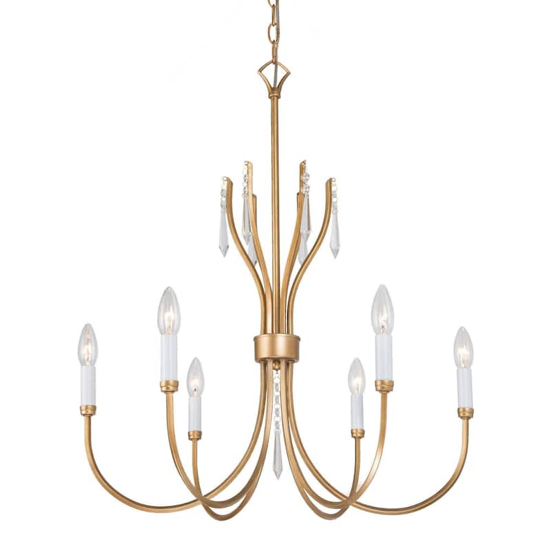 Modern Farmhouse Crystal 6-Light Chandelier Gold Wheel Light for Dining Living Room - Dia. 24" x H 21"