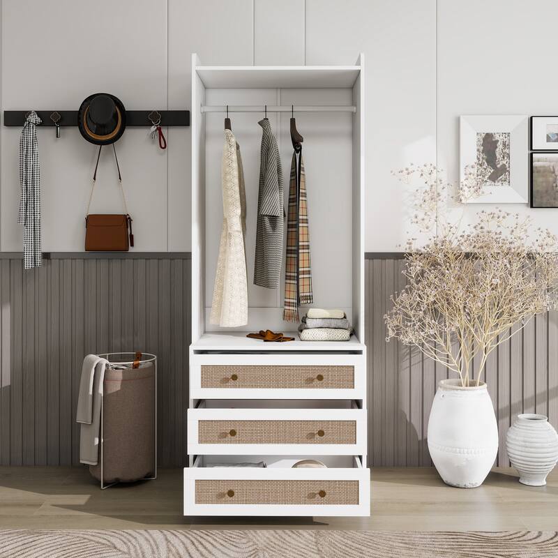 70.98" High Wardrobe with 3 Drawers & Hanging Rod, Engineered Rattan Armoire Closet for Living Room Bedroom Organizer - White
