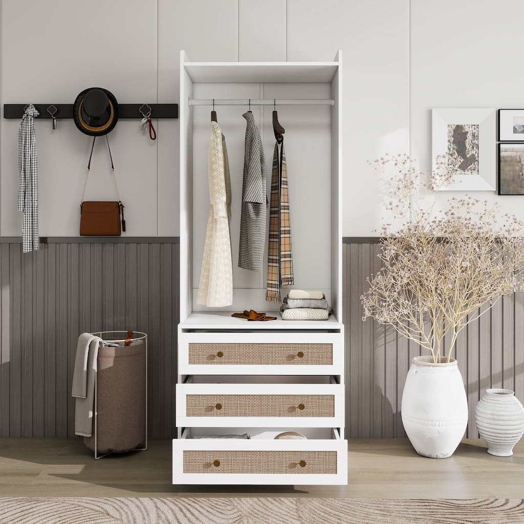 High Wardrobe Armoire with Drawers, Bedroom Organizer Clothing Storage Cabinet Organizer with Hanging Rod