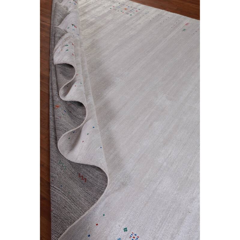 Hand Knotted Oriental Viscose Silk Carpet Tribal Stripe Greys & Charcoal Gabbeh Area Rug - 12' 4'' X 9' 3''
