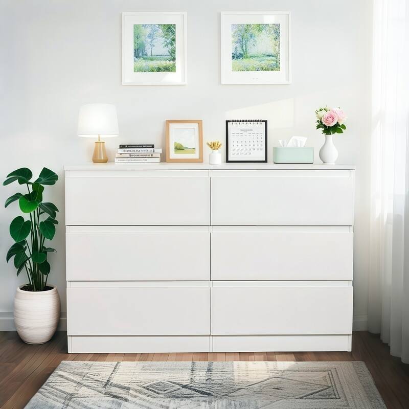 Modern 6-Drawer Dressing Table/Storage Cabinet with Concealed Handles, for Bedrooms, Living Rooms and Entryways, White - White