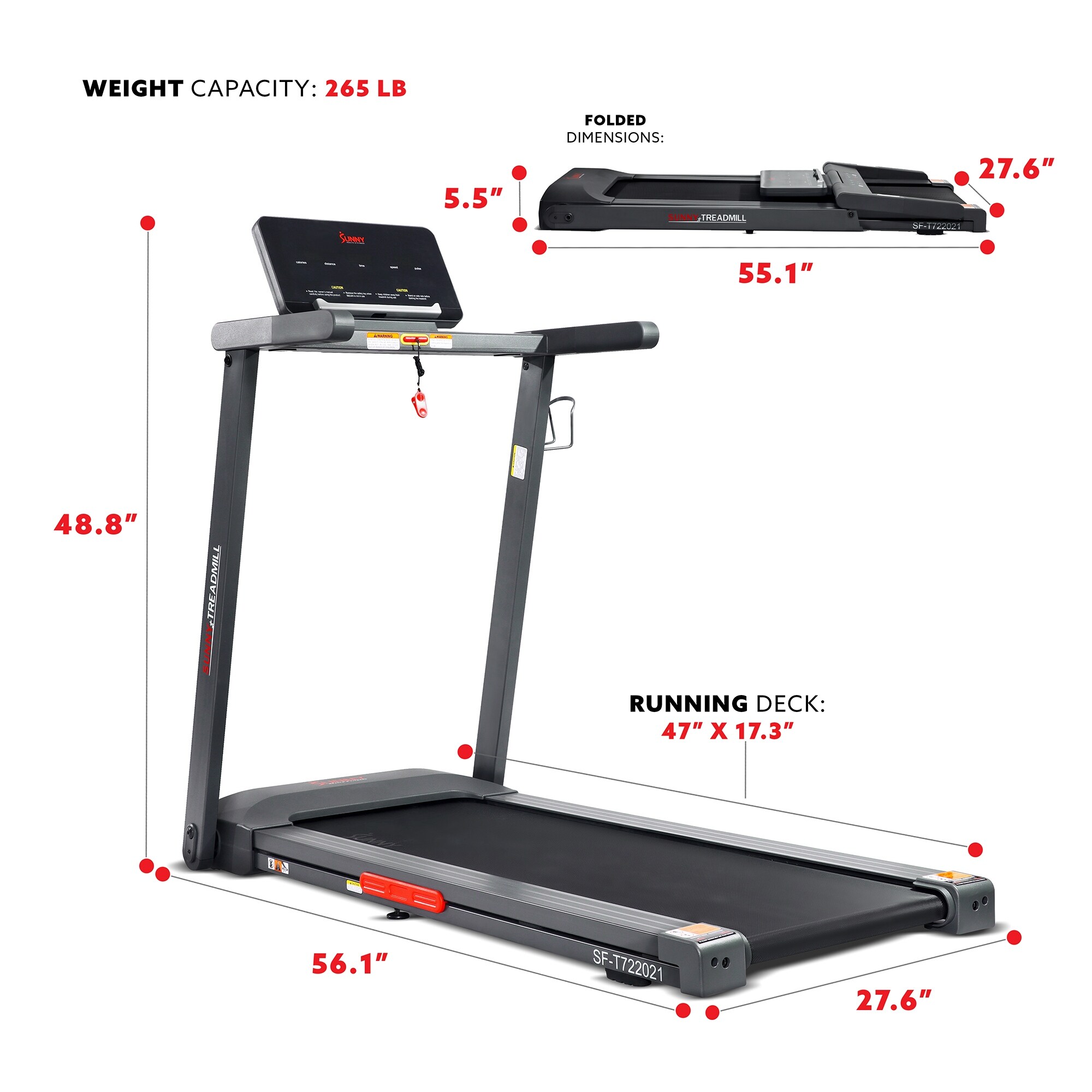 Sunny Health Treadmill Running Surface Width Auto Incline
