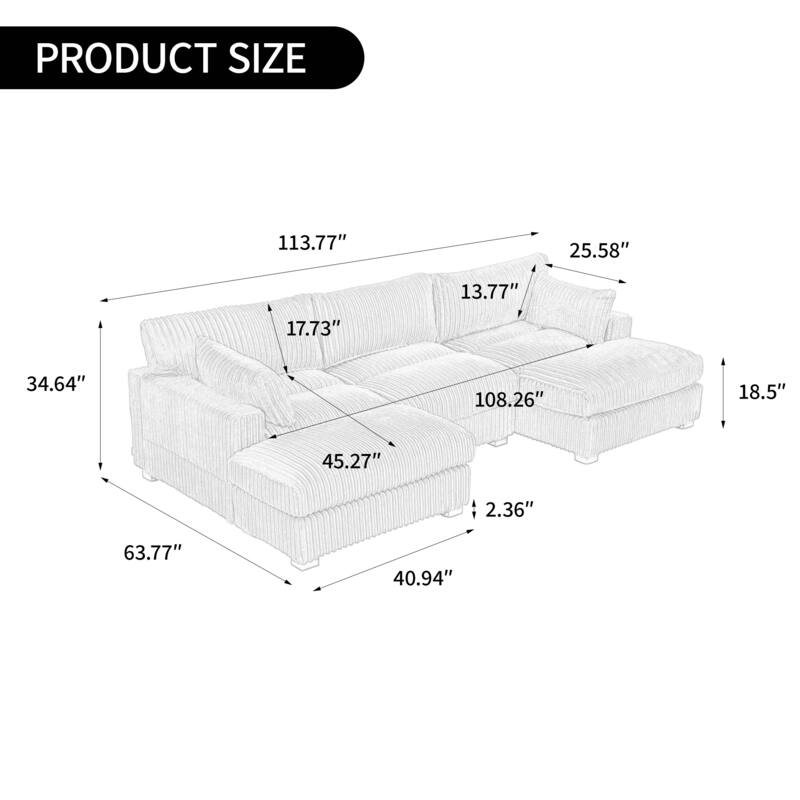 Plush Corduroy Upholstered Modular Sectional Sofa with Chaise