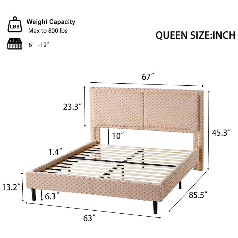 Upholstered Queen Bed with Plush Fabric and Padded Backrest Solid Wood Frame