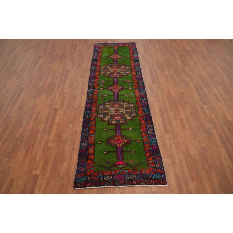 Hand Knotted Oriental 100% Wool Carpet Traditional Geometric Green Hamedan Runner Rug - 10' 3'' X 3' 0''