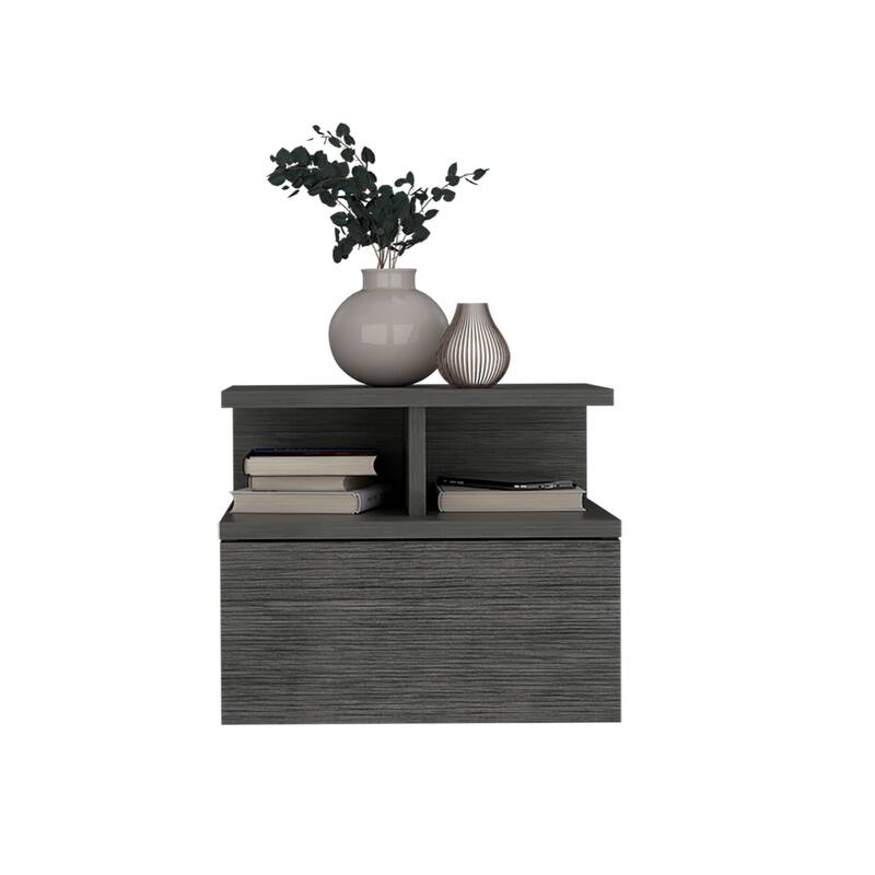 Wall-Mounted Floating Nightstand with Single Drawer and 2-Tier Shelf in Smokey Oak