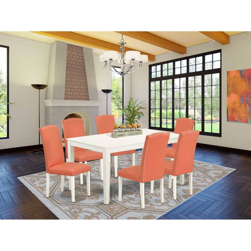 HomeStock 7-Piece Rectangle Linen White Finish Solid Wood Top Dining Table with 6 Parson-Chairs with Lattice Back
