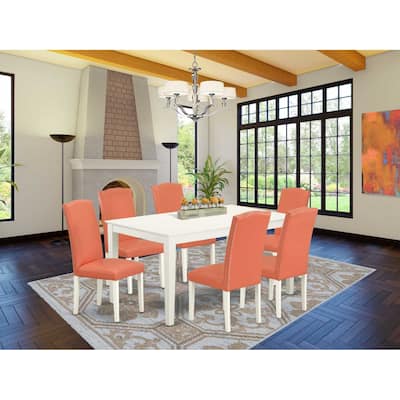 HomeStock 7-Piece Rectangle Linen White Finish Solid Wood Top Dining Table with 6 Parson-Chairs with Lattice Back