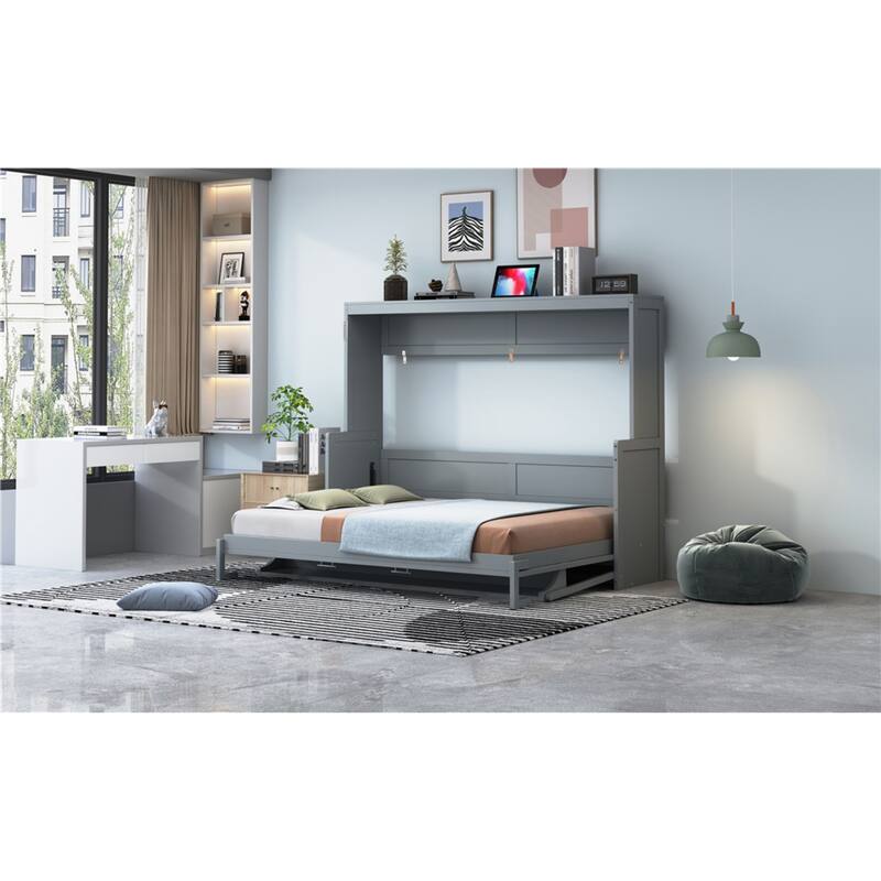 Roomfitters Full/Queen Murphy Bed with Hydraulic Lift and Folding Desk, Space Saving Wall Mounted Sleeper