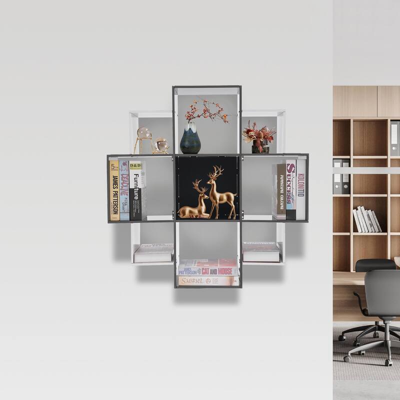 Modern PVC Board Bookcase with 9 Compartments Wall Mounted - Black+White