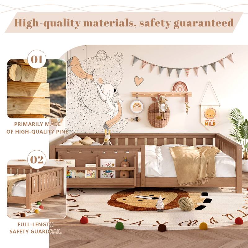 Montessori Floor Bed Low Profile Kids Bed with Rails & Bookshelf
