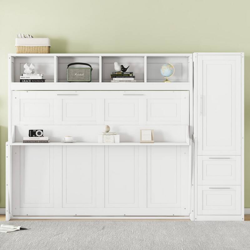 Full Size Wood Murphy Bed with Shelves,Wall Bed with Closet and Drawers