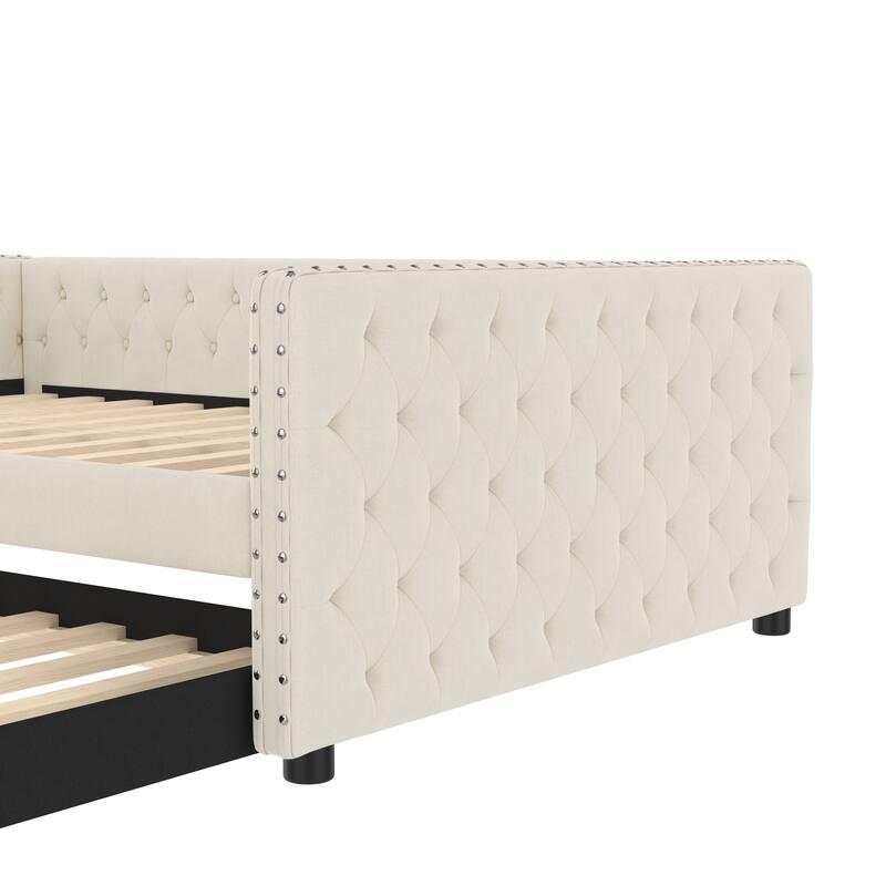 Full Size Upholstered Daybed with Trundle, Tufted Sofa Bed with Rivet-Trimmed Arms and Button Detail