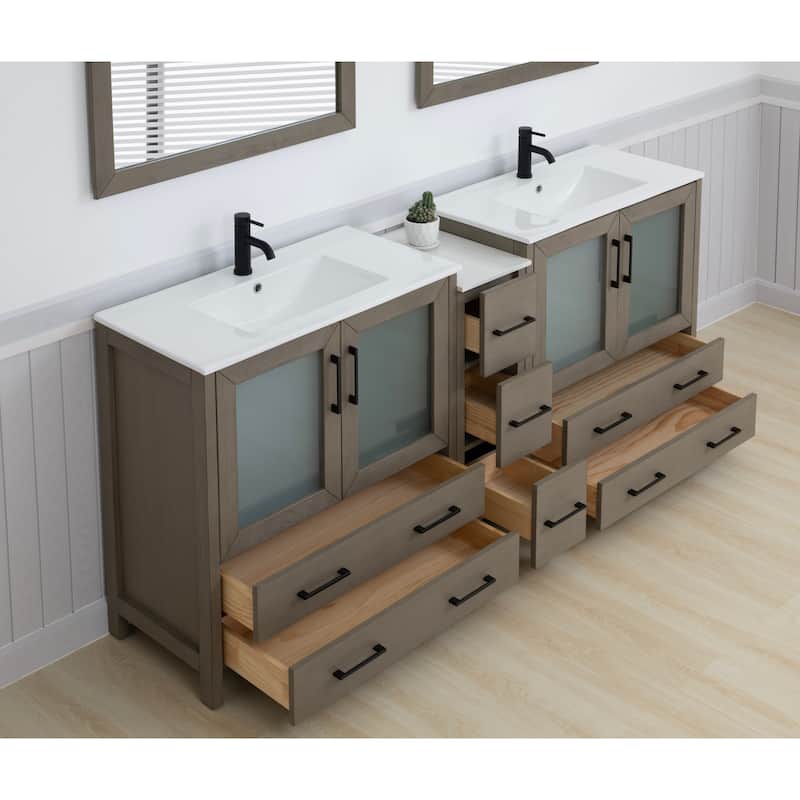 Vanity Art 84" Double Sink Bathroom Vanity Set 7 Dove-Tailed Drawers, 3 Cabinets, 2 Shelves, Soft-Closing Doors with Free Mirror