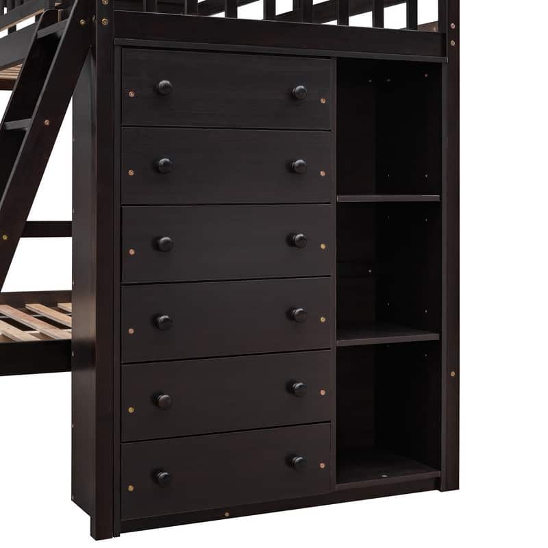 Twin Over Full Bunk Bed with 6 Drawers, Flexible Shelves and GuardRail
