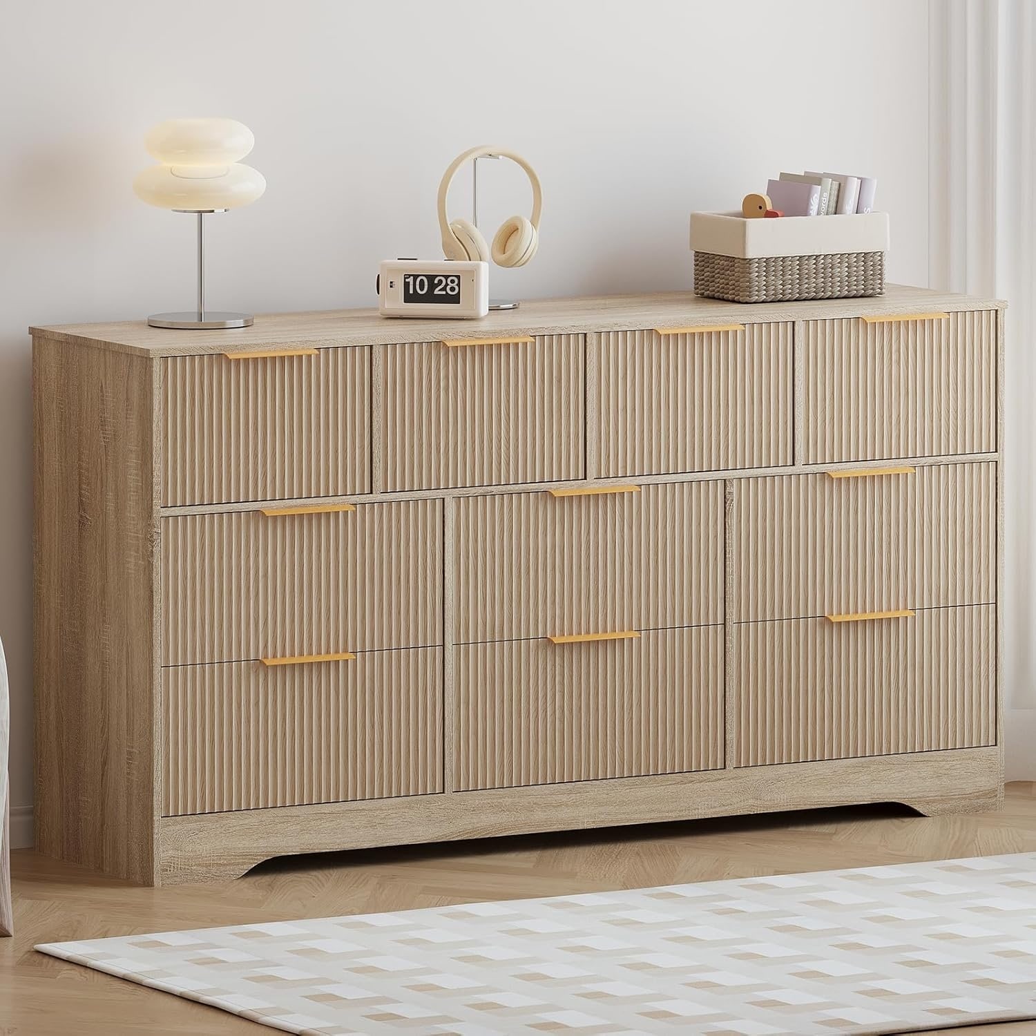 55" Fluted Dresser with Gold Handles, 10-Drawer Double Dresser Organizer, Modern Long Chest