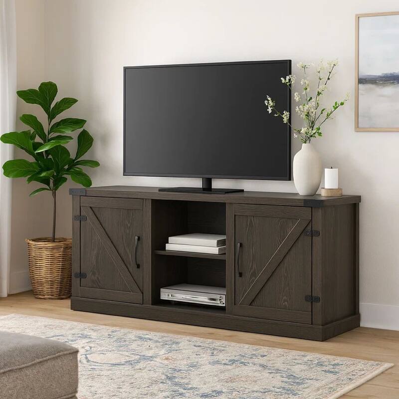 Olv 58 Inch TV Media Center Console, Barn Sliding Cabinet Doors, Dark Gray