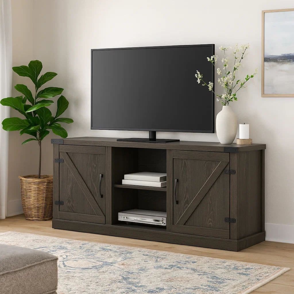 Olv 58 Inch TV Media Center Console, Barn Sliding Cabinet Doors, Dark Gray