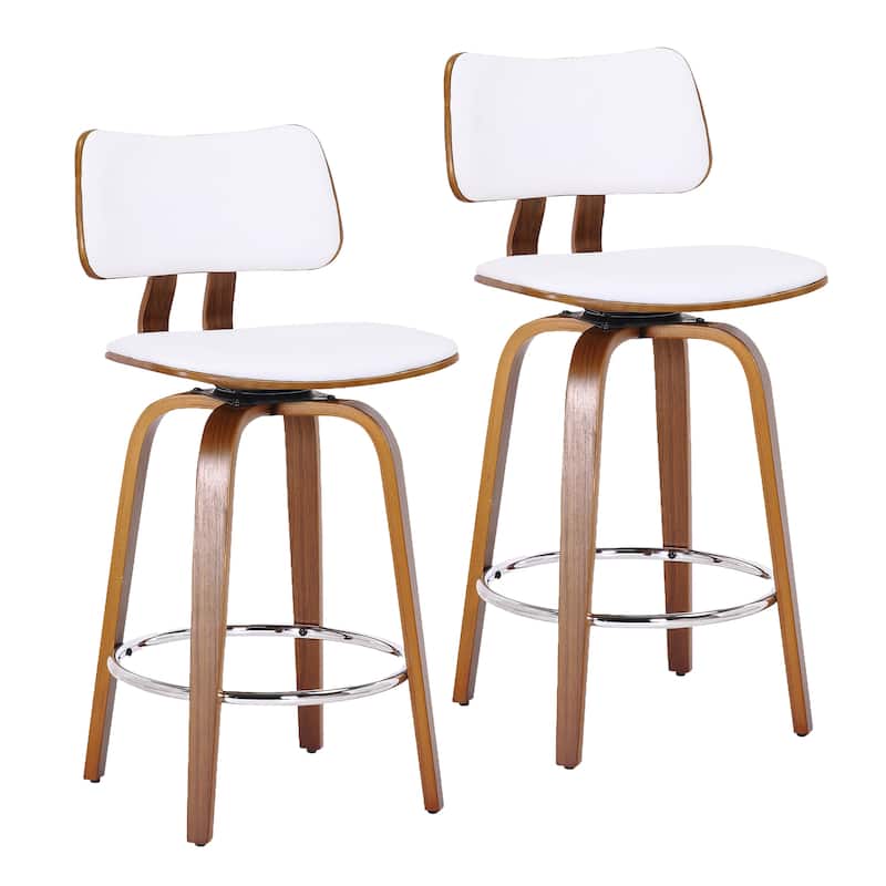 Mid-Century Faux Leather and Wood 26" Counter Stool with Swivel, Set of 2 - White and Walnut