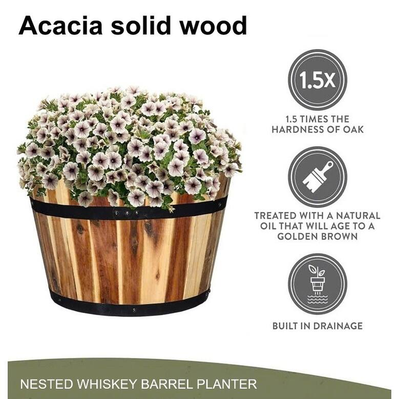 DreamPatio Nested Acacia Half Whisky Barrel Planter (Set of 2 - 18" and 14.5")