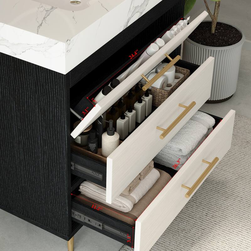 GDFStudio - Athens Modern 29.9" Freestanding Bathroom Vanity with Sintered Stone Top, Ceramic Vessel Sink & Stainless Steel Legs