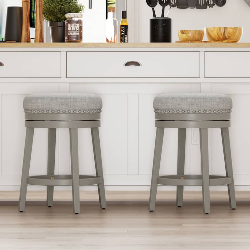 Swivel Counter Height Bar Stool with Upholstered Seat Solid Wood Frame - Grey