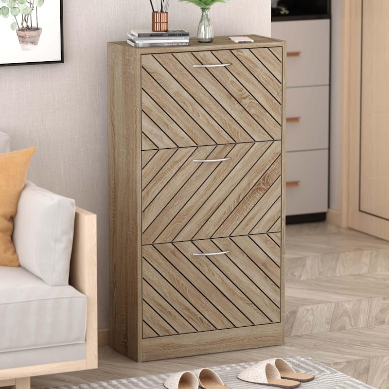 22.4"W Three Drawers Shoe Storage Cabinet,Fold-out Drawer - Dark Oak