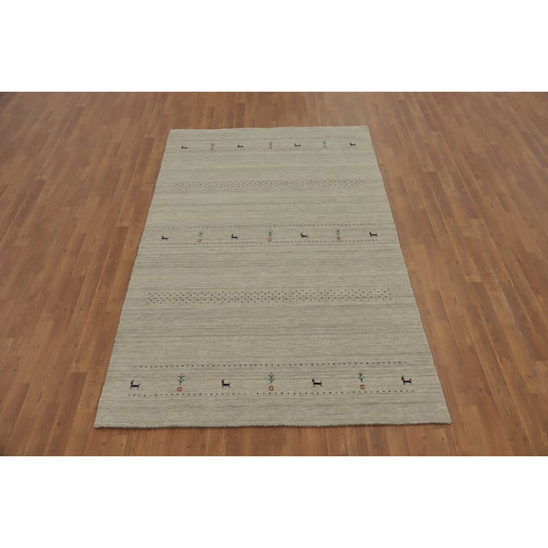 Hand Knotted Oriental 100% Wool Carpet Tribal Animal Pictorial Beige & Ivories Gabbeh Area Rug - 7' 8'' X 5' 0''