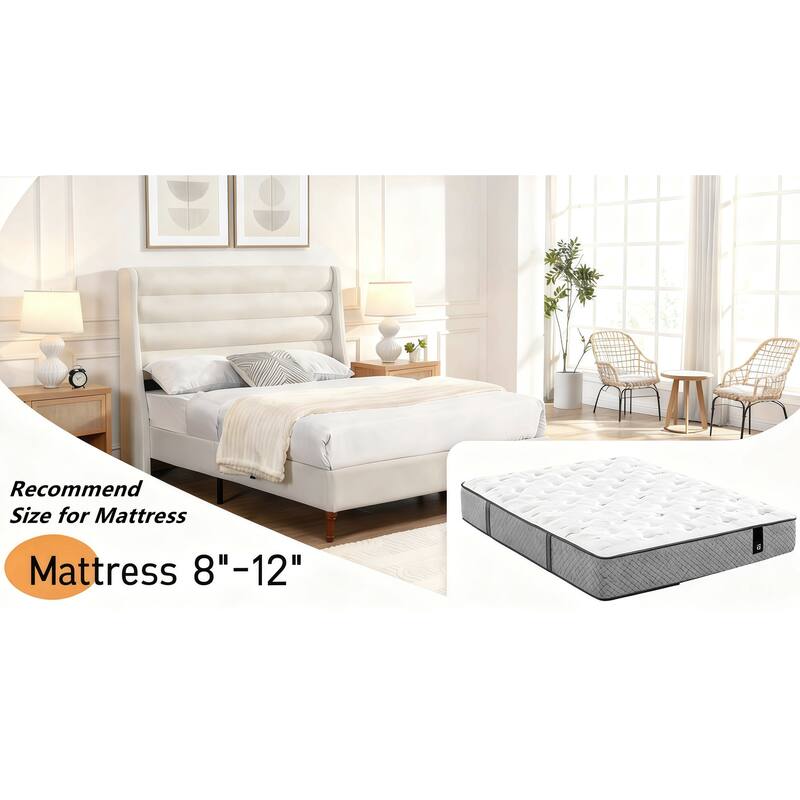 King Size Upholstered Platform Bed with Wavy Headboard, Premium Chenille Fabric, Modern Minimalist Design, Easy Assembly, Ivory