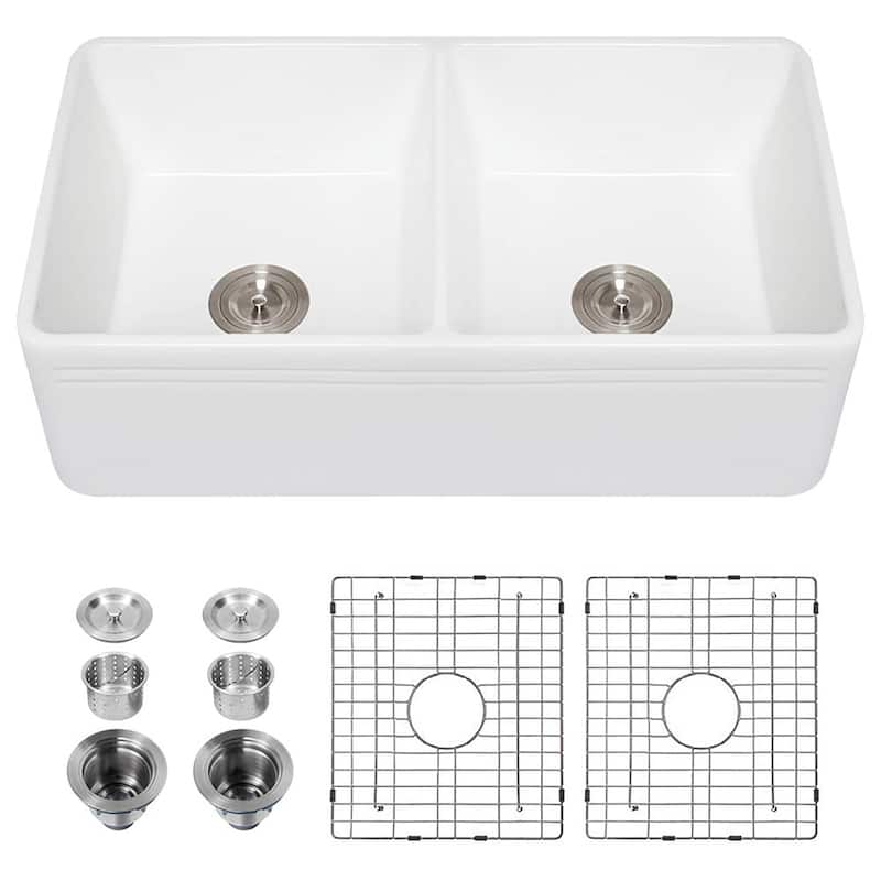 Proox 33" L X 18" W Double Basin Farmhouse Kitchen Sink with Basket Strainer